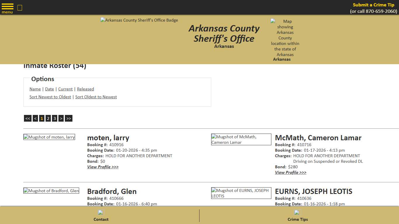 Inmate Roster - Current Inmates Booking Date Descending - Arkansas County Sheriff's Office, Arkansas